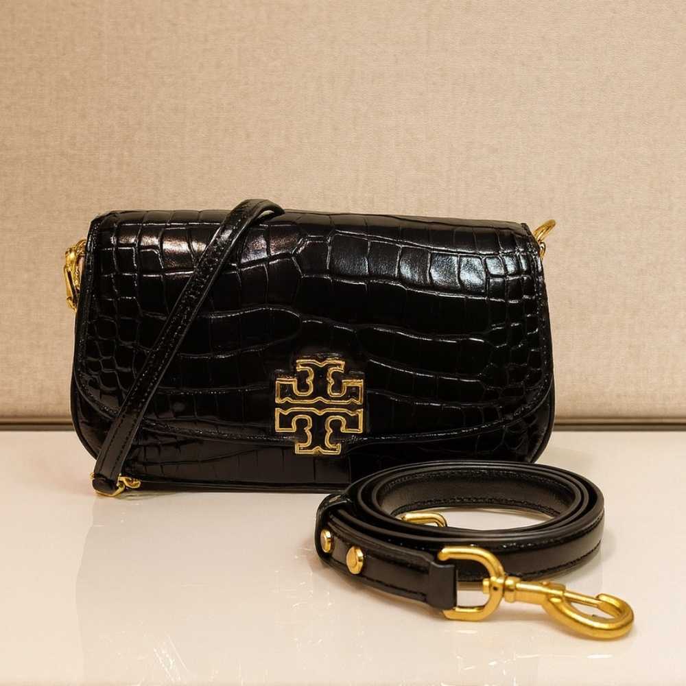Tory Burch Black Croc-Embossed Britten Crossbody with Chain